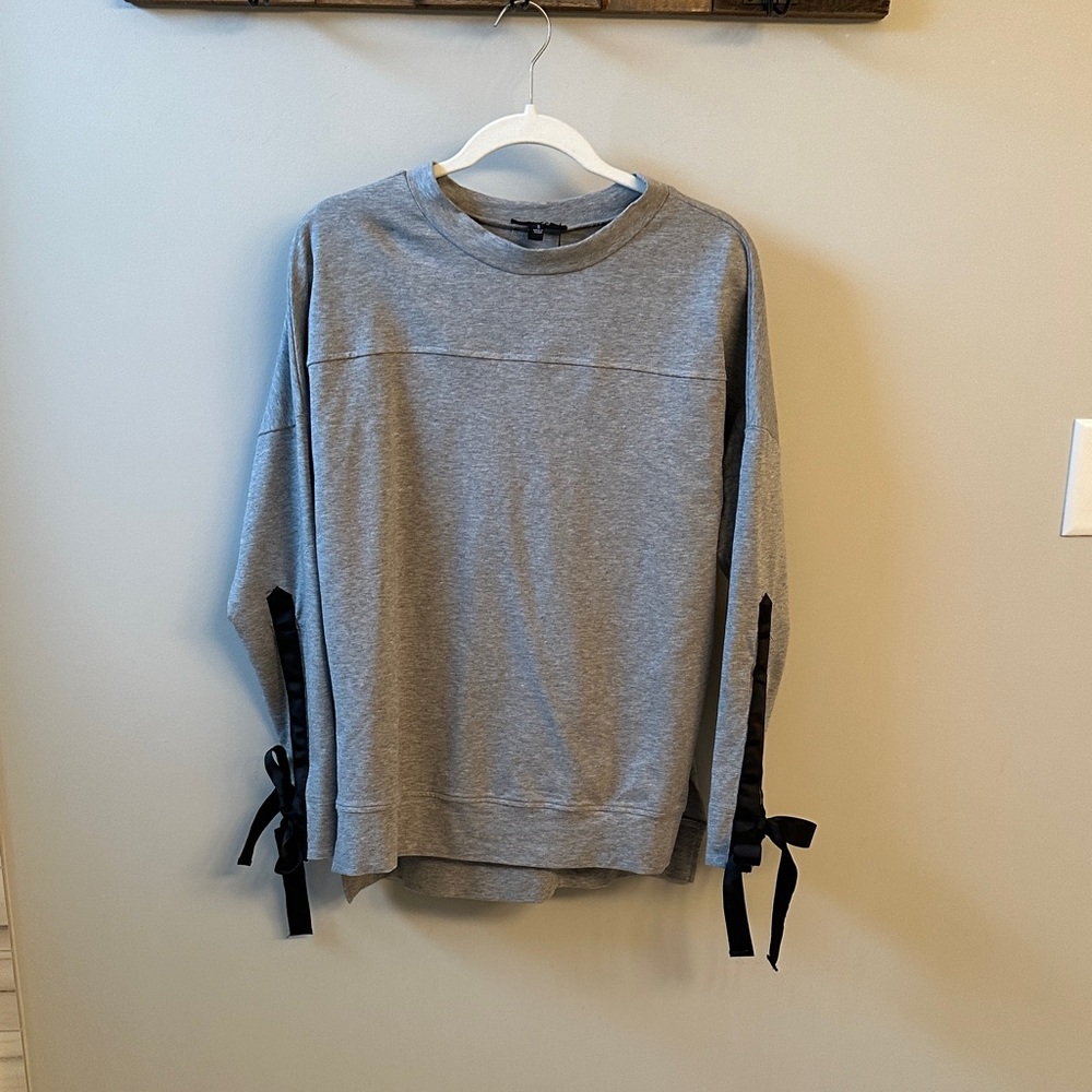 Very J Gray Crewneck Tunic Sweater with Black Ribbon Details